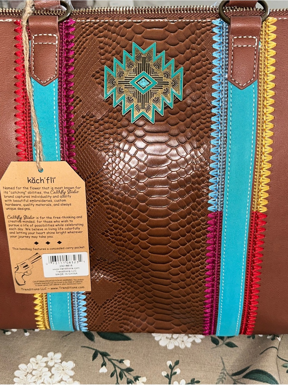 Kächi'flí Brown Embossed Tote with Turquoise & Multicolor Trim